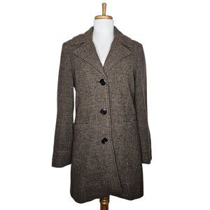 Merona Wool Blend Houndstooth Coat Brown Elbow Patch Equestrian Academia Size S